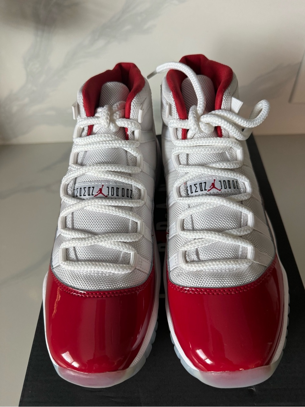 Jordan Kids White and Red Patent Toe Basketball Sneakers